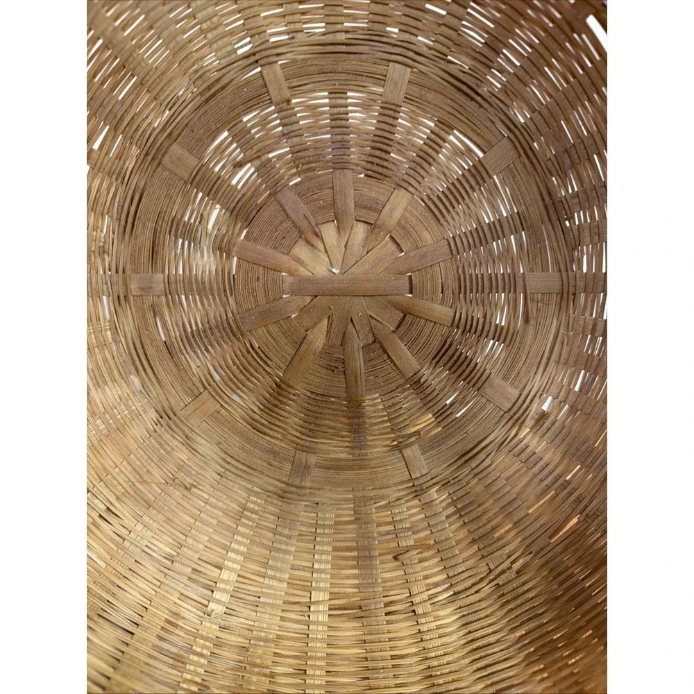 Vintage Round Natural Brown Wood Woven Wicker 2 Handles Basket 12